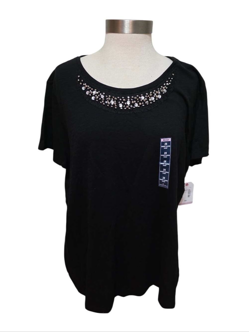 St. Johns Bay Black Sparkle Short Sleeve Top Sz 2X Scoop Neck NWT